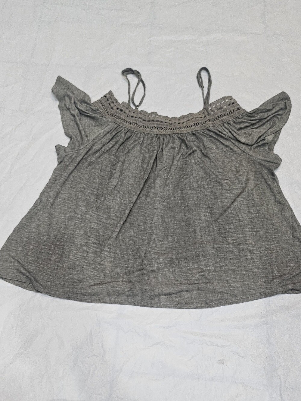 Coverstitched Gray Cold Shoulder Crochet Top L
